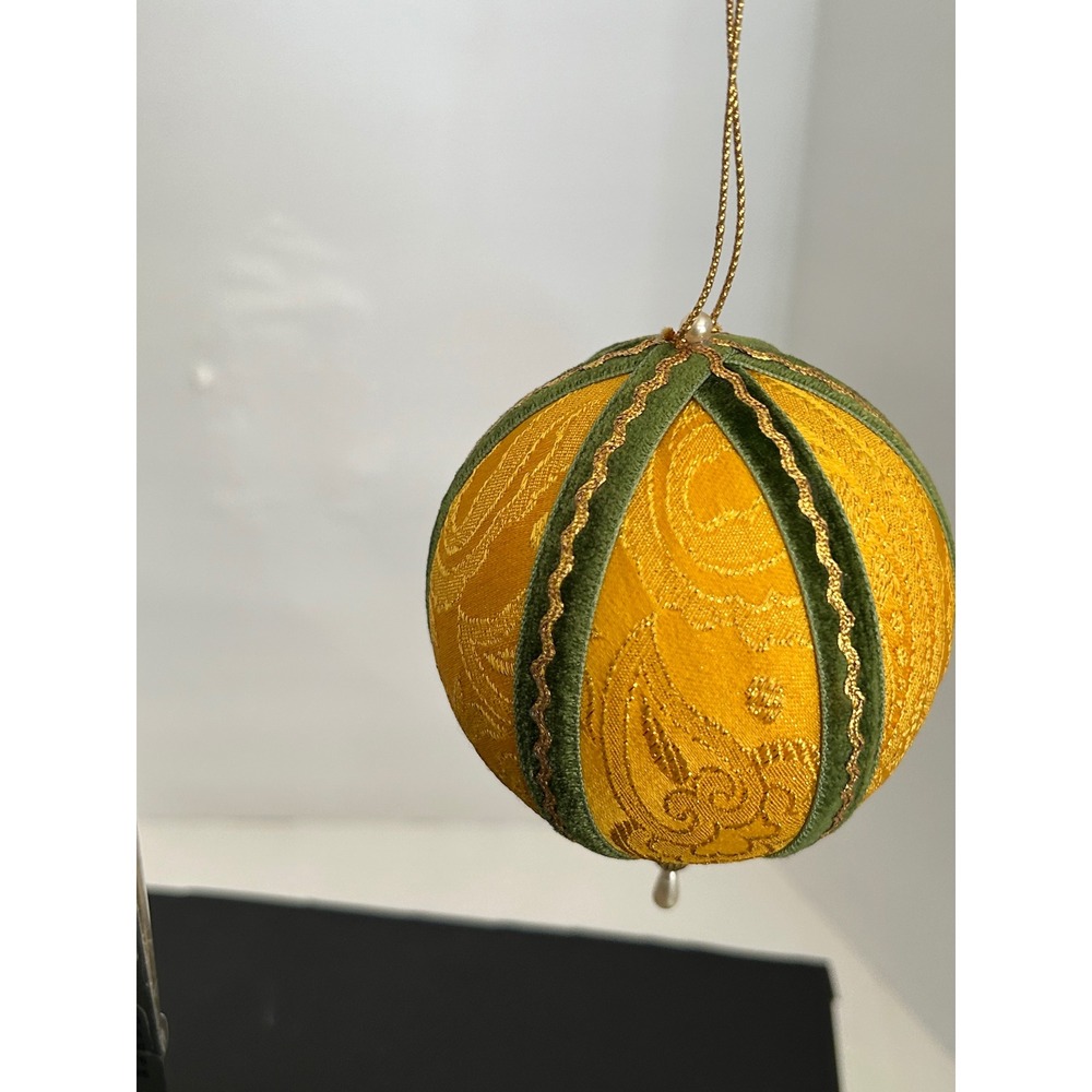 Ornament Christmas Yellow Gold Green Velvet Trim Brocade Beaded Collectible 3in
